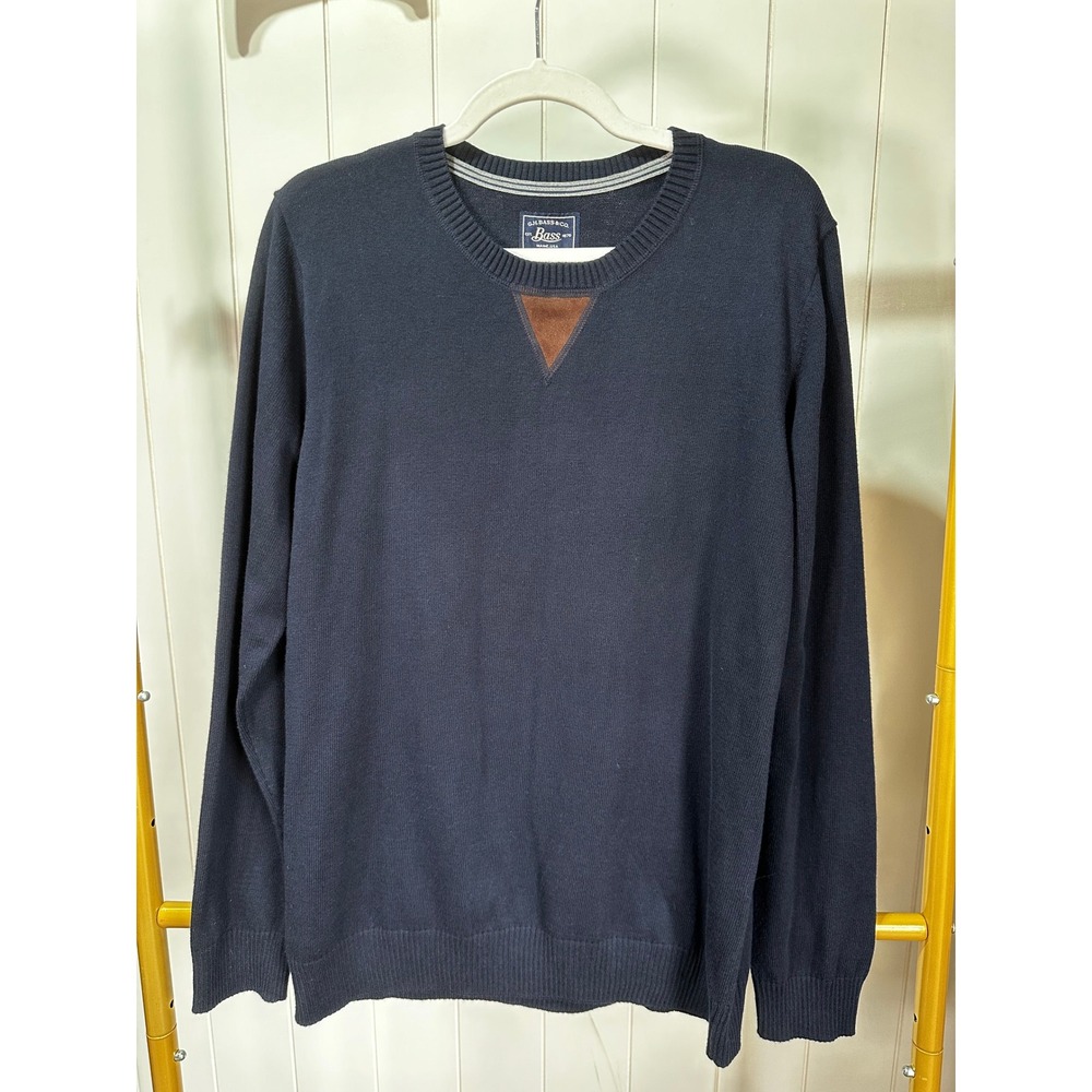 GH Bass & Co Mens Navy Blue Crewneck Sweater Faux Leather Patch Pullover Large
